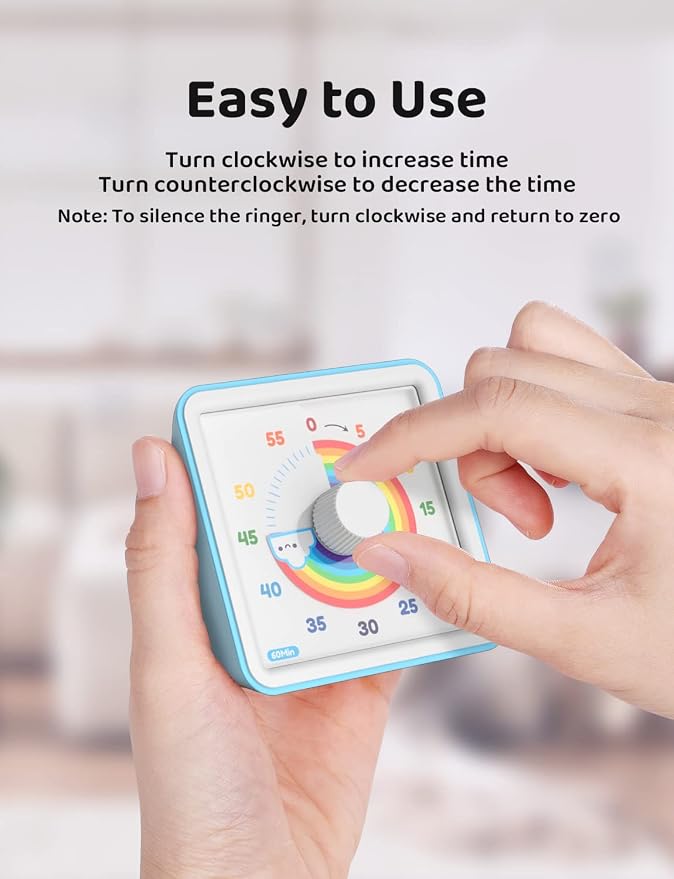 LIORQUE Visual Timer for Kids, 60 Minute Rainbow Countdown Timer, Blue | Non-Ticking, 3 Volume Levels with Mute Function, Timer for Kitchen Cooking Classroom ADHD, 2 AAA Batteries Included