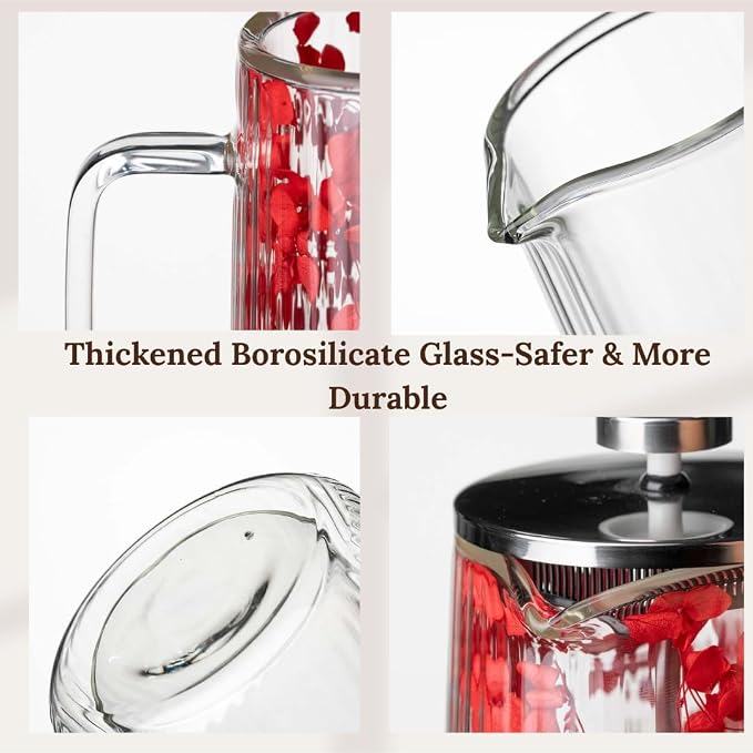 Glass French Press Coffee Maker, Heat Resistant Borosilicate Glass (22oz Red Floral)