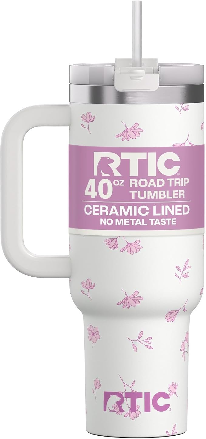 RTIC 40 oz Road Trip Tumbler Double-Walled Cermaic Lined Insulated Stainless Steel Portable Travel Coffee Mug Cup with Lid, Handle and Straw, Pink Magnolias