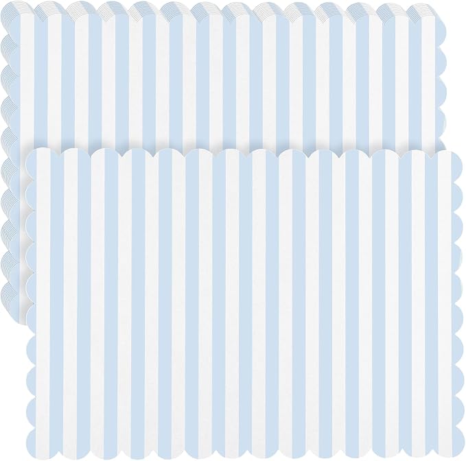 100 Pcs Blue Striped Paper Placemats Summer Coastal Scalloped Dusty Blue and White Placemats Disposable Square Striped Place Mats for Wedding Bridal Shower Beach Party Home Table Kitchen Decor