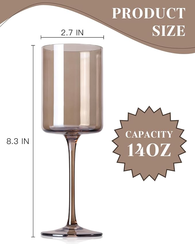 Smokey Gray Wine Glasses Set of 6-14oz【 Hand Blown 】 Square Colored Wine Glasses,Colorful Glasses with Tall Long Stems, Modern Glasses Set of 6 For All Occasions
