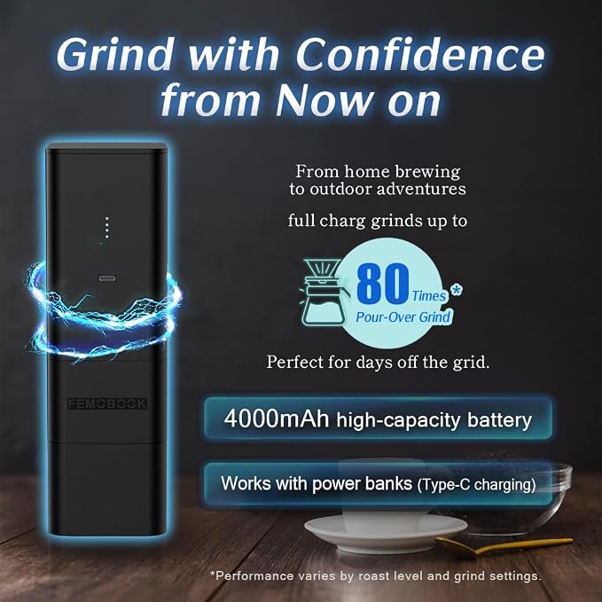FEMOBOOK-A2 Black Portable Electric Coffee Grinder, Cordless Burr Grinder | USB Rechargeable Coffee Grinder Magnetic Grounds Cup Travel & Home Brewing