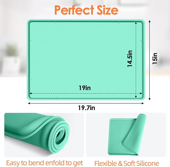 Silicone Coffee Maker Mat with Lip for Countertops, 19.7''x15'', Mint Green | Multi leak-proof coffee tray for countertop, non-slip silicone tray for under coffee machine espresso accessory, wipe-clean