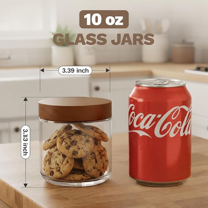 Bumobum 10 oz Glass Jars with Wood Lids, 12 Pack Small Yogurt Containers | Acacia Wood Lids, Airtight Seal, Easy to Fill, Small Food Containers for Chia Pudding, Coffee, Snacks, Spices, Pantry Storage