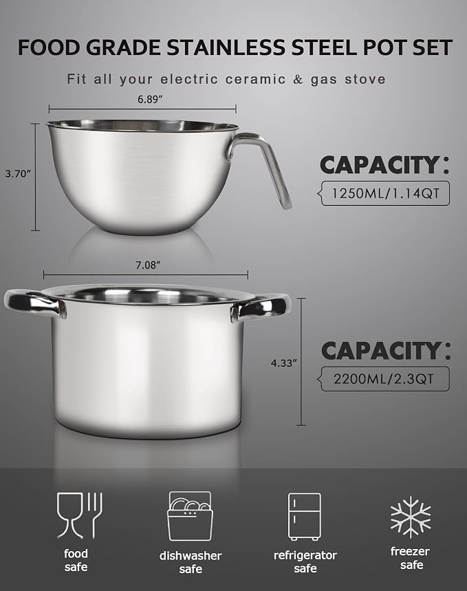 1.1QT Double Boiler Chocolate Melting Pot with 2QT 304 Stainless Steel Pot | 304 food-grade steel, rust-proof. Melt chocolate, butter, candy, wax, soap. Stovetop safe, Dishwasher safe