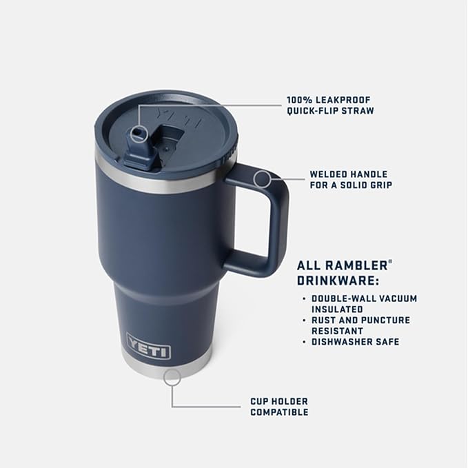 YETI Rambler 30 oz Travel Mug with Flip Straw Lid – Stainless Steel, Vacuum Insulated, Leakproof, Cup Holder Friendly, Rescue Red