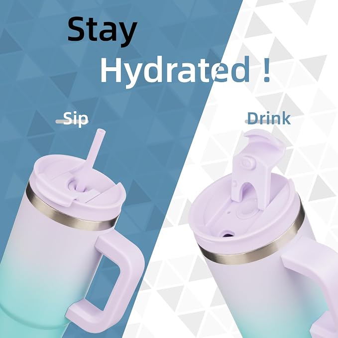 Konokyo 30 oz Insulated Tumbler Water Bottle with Handle, Straw Lid | BPA-free and dishwasher safe; made for gym, travel, coffee and gifting, 2 straws, cup holder friendly,Lavender Green