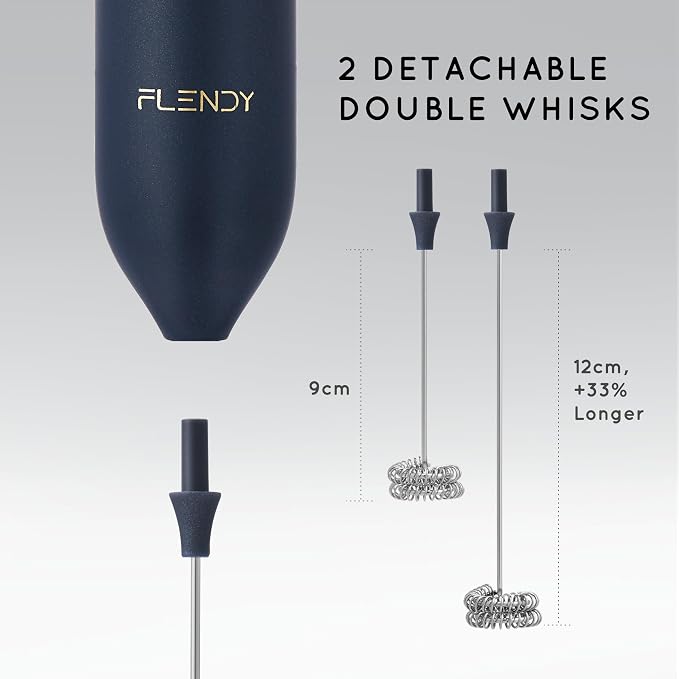 Flendy Rechargeable Milk Frother Handheld with Charging Stand | USB-C Charging Dock, 2 Detachable Double Whisk, Extra Long Mixer Wand, Wall Mount, Top Button, Compact Electric Stirrer