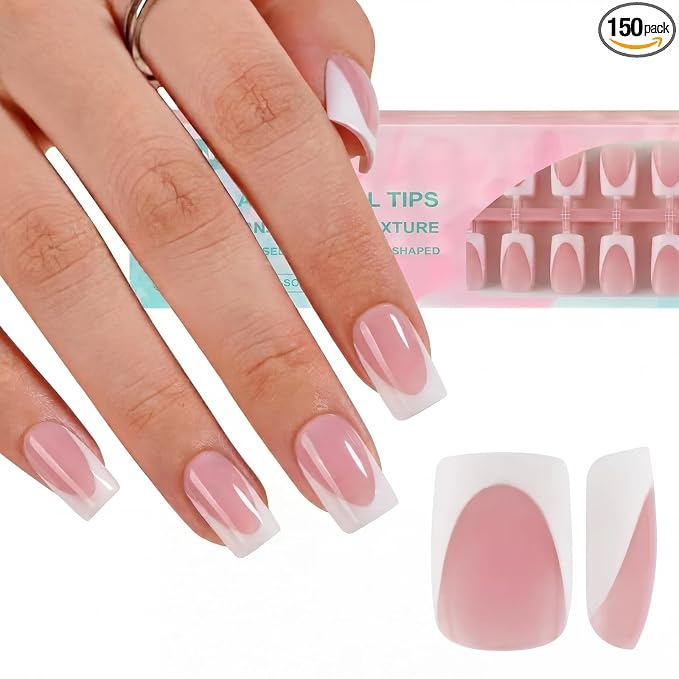 Misssix Deep French Tip Press on Nails, 150Pcs Short Square Berry Pink | French Tip Gel Fake Nails, No Need to File Tips Pre-lasting, Nail Tips for Nail Art DIY 15 Sizes