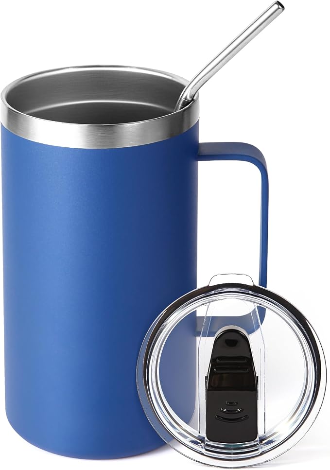 Volhoply 22oz Insulated Stainless Steel Coffee Mug with Leakproof Lid,Double Wall Vacuum Travel Coffee Cup with Handle,Reusable Metal Tumbler,Camping Mugs Keep Hot&Cold(Blue,1)