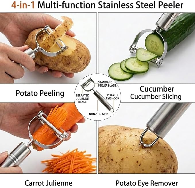 2PCS Multifunctional Julienne Vegetable Peeler for Potato Carrot | Ergonomic Wooden Handle & Bottle Opener, Ultra Sharp Stainless Steel for Kitchen, Veggies, Carrot, Hard Skin Pumpkin, Brown