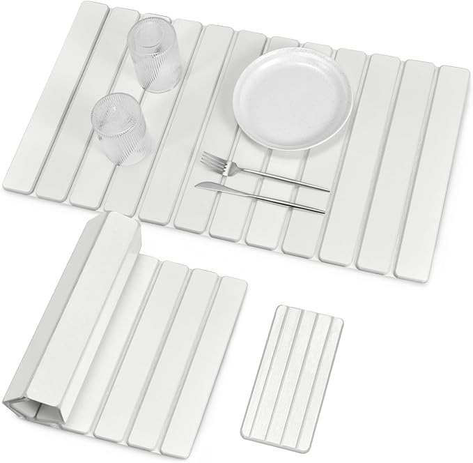 Large Stone Dish Drying Mat for Kitchen Counter, Foldable Quick Drying Dish Mats, Ultra Absorbent Diatomaceous Earth Mats for Dishes Bottles Cups, Match Any Countertop (White 28"×16" & 8"x4")