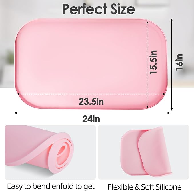 Silicone Coffee Maker Mat with Lip for Countertops, 24'' x 16'', Pink | Multi leak-proof coffee tray for countertop, non-slip silicone mat fits most coffee makers & espresso machines, wipe-clean