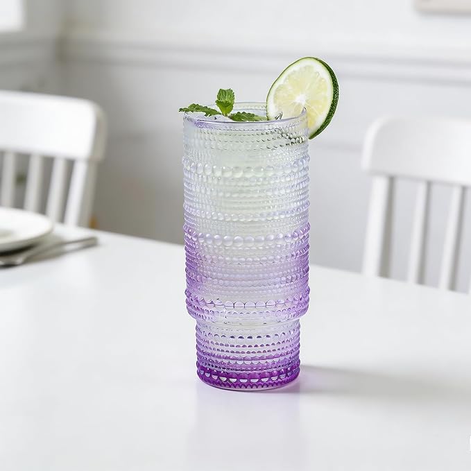 Large Capacity 16 oz Hobnail Drinking Glasses Set of 6, Vintage Glassware Drinking Glasses, Gradual Purple Water Glasses Tumbler, Cups for Kitchen, Juice, Beer, Cocktail, Whiskey