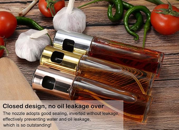 AKOAK 1 Count Cooking Oil Sprayer, 100ml Olive Oil Dispenser, Food Grade Clear Glass Spray Bottle, for Barbecue/Salad/Kitchen Baking (Gold)