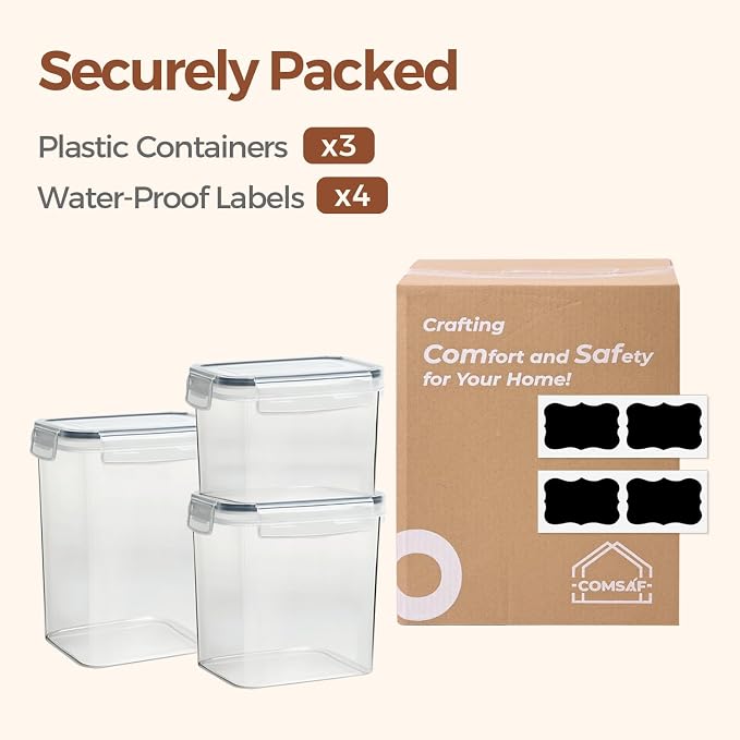 ComSaf Airtight Food Storage Containers with Lids 0.8/1.5/2.1Qt 3Pack | Plastic Canister, Flour Sugar Cereal Pasta Rice Oats Coffee Snacks, Pantry Kitchen, Label, Scoop, Stackable, BPA-free, Clear