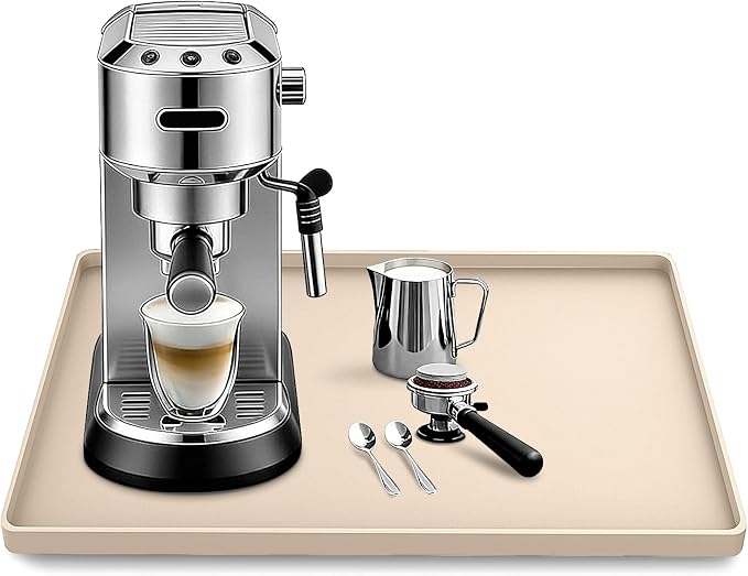 Silicone Coffee Maker Mat with Lip for Countertops, 15.7'' x 11.8'', Khaki | Multi leak-proof coffee tray for countertop, non-slip silicone mat fits most coffee makers & espresso machines, wipe-clean