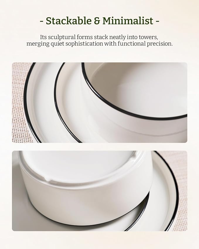 Famiware Porcelain 24-Piece Dinnerware Set, White with Black Trim | Plates and Bowls for 8, Dishwasher & Microwave Safe, Chip & Scratch Resistant, Ideal for Everyday & Formal Use