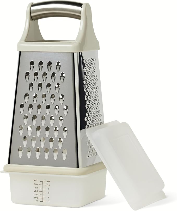 Amazon Basics 4-Sided Cheese Grater with Measurement Container, Stainless Steel, Dishwasher-Safe