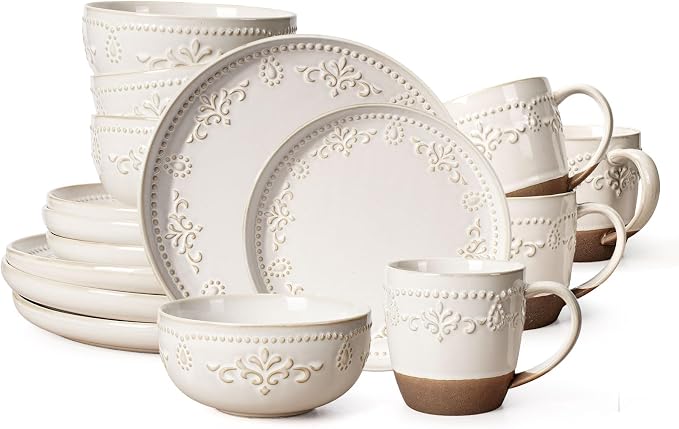 Plates And Bowls Sets, 16 Pieces Dinnerware Sets, Dish Set For 4, Ceramic Kitchen Bowl And Plate Set, Embossed White Dishware Sets, Dishwasher & Microwave Safe (Damask Floral) (With Mugs)