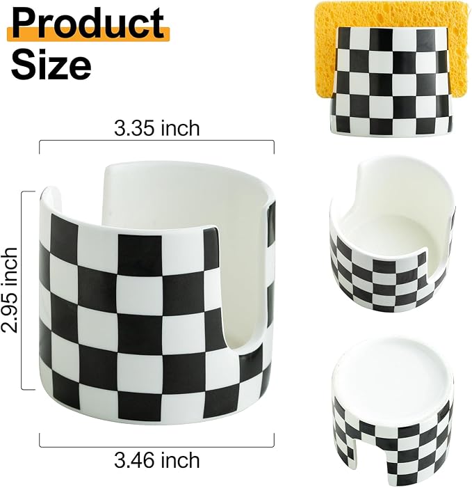 Zoeeker Sponge Holder for Kitchen Sink, Ceramic Checkered Dish Sponge Rack | Dish Brush Holder Farmhouse Kitchen Drying Rack Scrubby Caddy Kitchen Organizer for Scrubber, Bathroom, Sink, Black and White