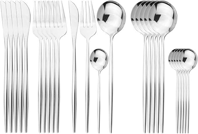 Silver Silverware Set, 24-Piece Stainless Steel Flatware Set Service For 6, Mirror Polished Tableware Cutlery Set Knife Fork And Spoon For Home & Restaurant, Dishwasher Safe