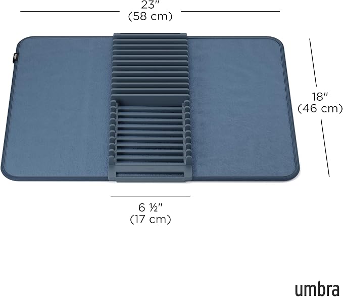 Umbra Udry Dish Rack and Microfiber Drying Mat – Space-Saving Design Folds Up for Easy Storage, Basic Rack, Slate Blue | Protects countertop, BPA-free, recycled plastic construction
