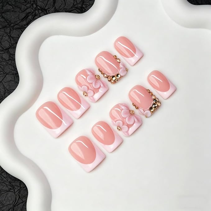 10pcs Press on Nails Flowers Handmade White French Tip Fake Nails with 3D Flower & Gold Rhinestone Designs Short Square Muti-Layer Gel Acrylic Nail Full Cover Thick Stick on Nails for Women (S)