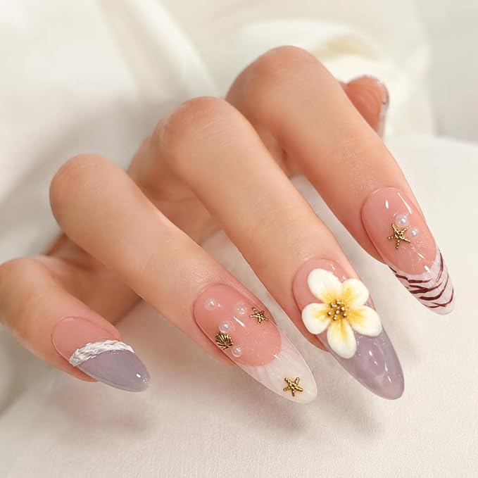Handmade Press on Nails Almond Shape Luxury Medium Hand Made Nails with 3D Flower Fishstar and Shell Design Summer Press on Nails Thicked Acrylic Nail White French Tip Stick on Nail for Women 10Pcs（M)