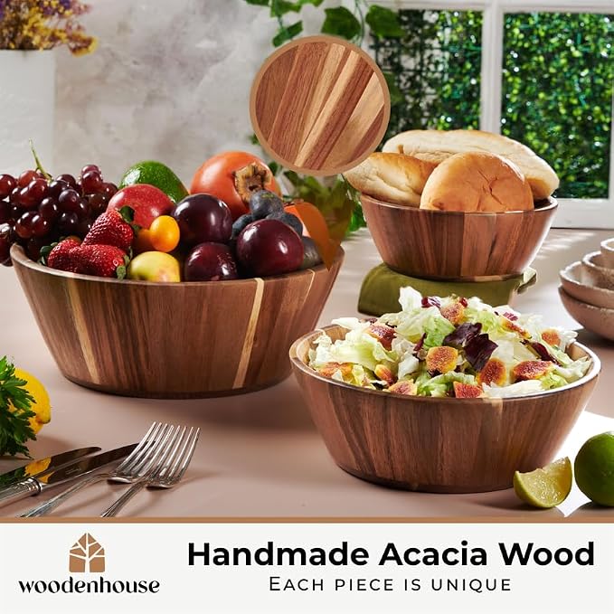 Wooden Salad Bowl Set of 3, Round Wood Bowls for Serving | Large, Medium & Small – Handmade, Durable & Stylish Natural Dining Accessory