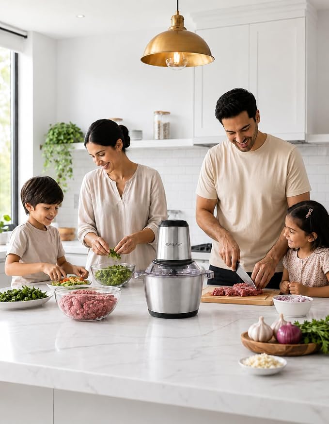 HOMEASY Electric Food Chopper, 2L Stainless Steel Meat Grinder, 4 Blades | Electric food chopper with 2L stainless steel bowl and 4 blades for meat, veggies, fruit and nuts
