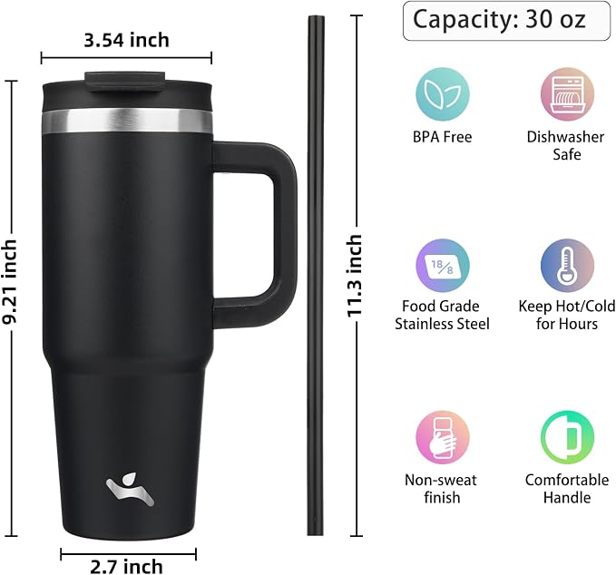 Konokyo 30 oz Insulated Tumbler Water Bottle with Handle, Straw Lid | BPA-free and dishwasher safe; made for gym, travel, coffee and gifting, 2 straws, cup holder friendly,Black