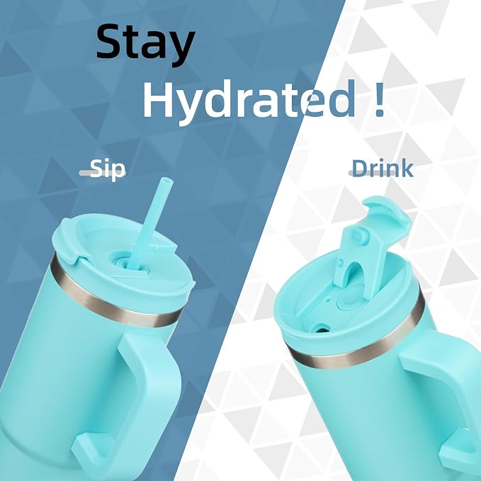Konokyo 40 oz Insulated Tumbler Water Bottle with Handle, Straw Lid | BPA-free and dishwasher safe; made for gym, travel, coffee and gifting, 2 straws, cup holder friendly,Turquoise