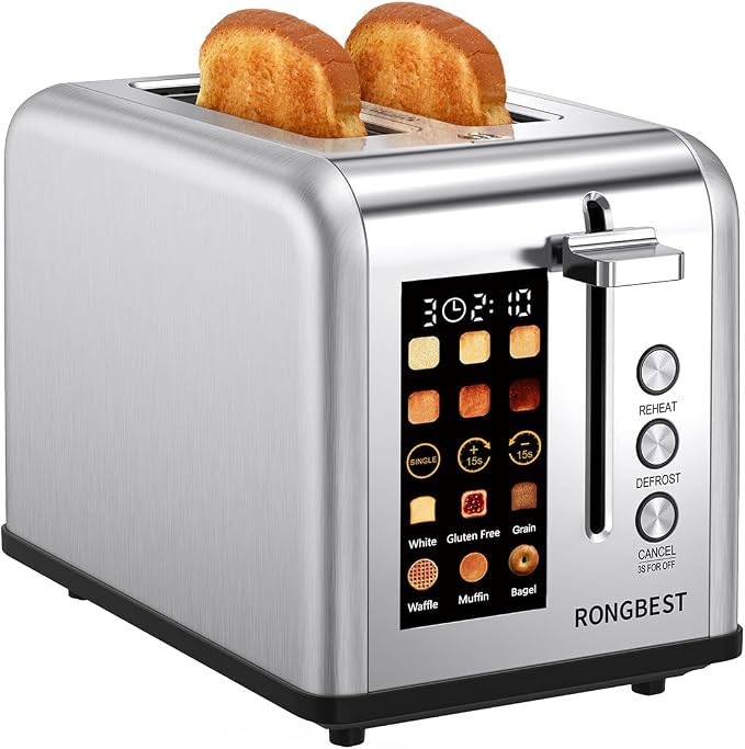 2 Slice Touch Screen Toaster with Wide Slots, Single Slice Mode, Silver | Stainless Steel, Toast Bagel & Bread for Family Breakfast, Digital Touchscreen, ±15s, Reheat & Defrost, Removable Crumb Tray
