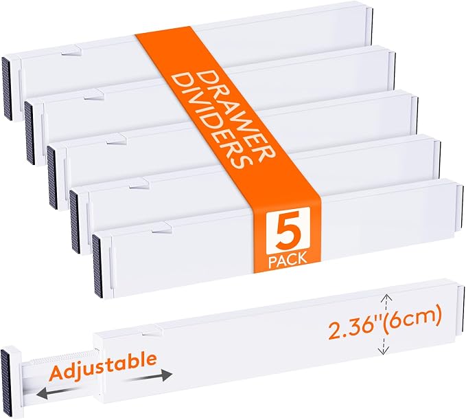 Lifewit 2.36" Upgrade Kitchen Drawer Dividers, Adjustable Drawer Organizer | 16"-22" Expandable White Drawer Separator for Clothes/Utensils, Dresser/Cabinet/Closet/Nursery Organization & Storage, 5 Pack