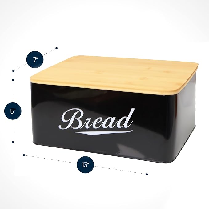 RoyalHouse Modern Metal Bread Box with Bamboo Cutting Board Lid | Bread Storage Container for Kitchen Counter, Vintage Kitchen Decor Organizer - Black
