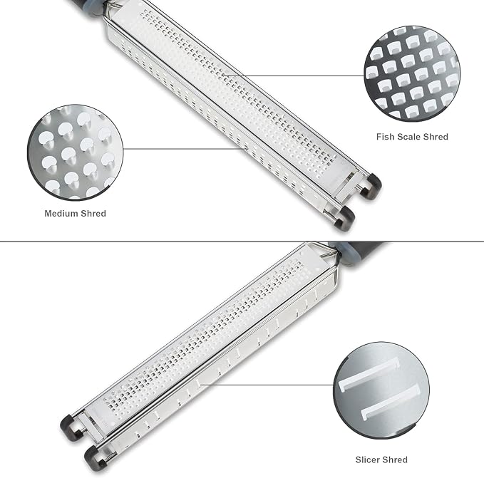 3-in-1 Lemon Zester & Cheese Grater, 304 Stainless Steel, 15-Inch, Black | Three Blade Surfaces for Fine Zesting, Coarse Grating and Slicing, 304 Stainless Steel, Non-slip TPE Handle, Dishwasher Safe