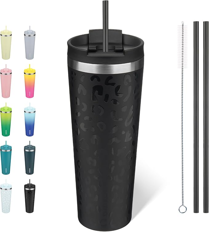 BJPKPK 26 oz Coffee Tumbler with Straw, Insulated Stainless Steel Cup | Double Wall Vacuum, Leak Proof Lid, Keeps Hot/Cold/Iced, BPA Free, Travel & Outdoor, Black Leopard