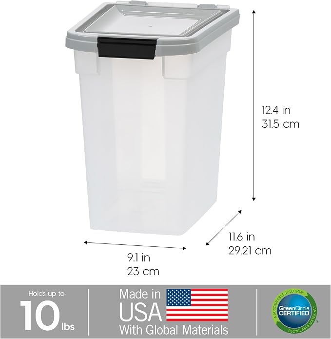 IRIS USA Dog Food Storage Container, Up to 10 lbs, Clear/Gray, Made in USA | BPA-Free, Airtight Seal, Best for Cat Food, Bird Seed, Chicken Feed, Pet Toys, Treats, Pellets