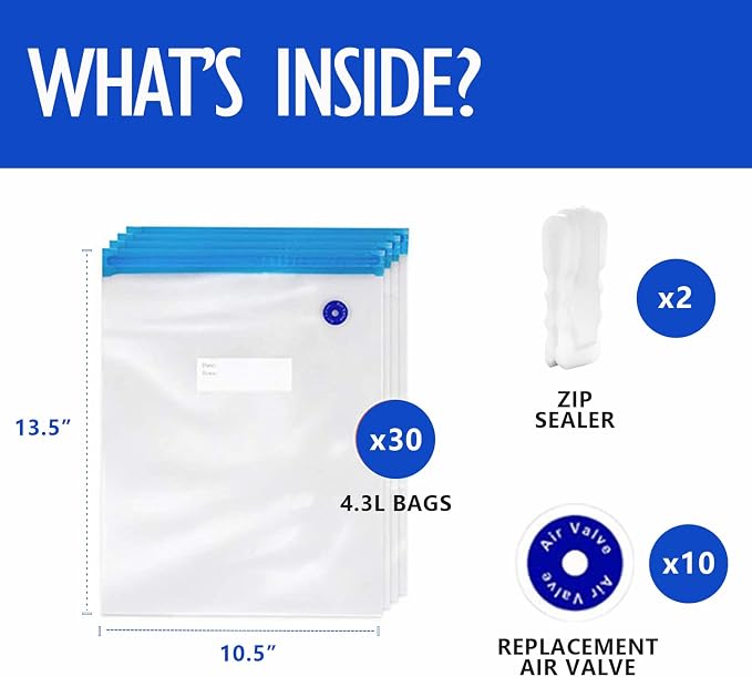 VICARKO 30 PCS Vacuum Zipper Bags Vacuum Sealer Bags 4.3L, 13.5 x 10.5" | Food Storage, Reusable Bags for Sous Vide Cooker, Double Layers, BPA Free, Meal Prep and Sous Vide Cooking, Microwave Heating