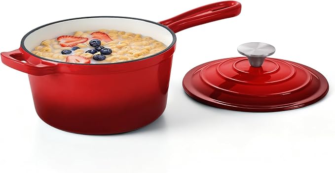 Homikit Small Sauce Pan with Lid, 2QT Enameled Cast Iron Saucepan, Enamel Cast Iron Sauce Cooking Pot Dutch Oven Kitchen Cookware for Making Pasta, Boiling Soup, Warming Milk, Red