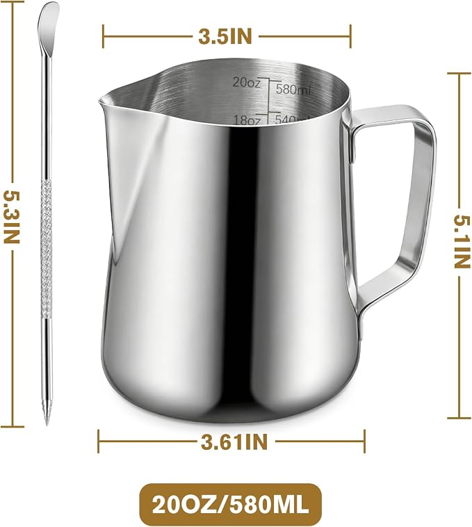 Milk Frothing Pitcher, 600ml (20oz) Milk Frother Cup Stainless Steel Jug Steaming Pitcher, Milk Coffee Cappuccino Latte Art Barista Steam Pitchers Milk Jug Cup with Decorating Pen