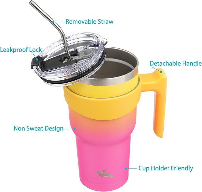 Konokyo 30 oz Tumbler with Handle and Straw, Insulated Travel Mug | Rainbow; BPA-free, leak-proof tumbler with 2 lids, 2 straws, cup holder fit for coffee, office, travel & daily use