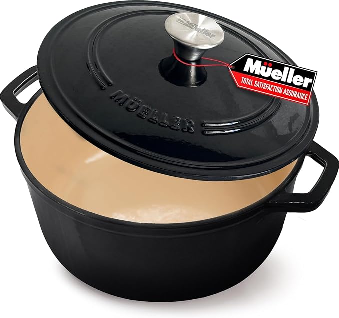 MUELLER HOME 4.5 QT Enameled Cast Iron Dutch Oven, Heavy-Duty Casserole Dish and Braiser Pan with Lid and Stainless Knob, Oven-Safe up to 500° F & Across All Cooktops, Black | Heavy-Duty Casserole Dish and Braiser Pan, Lid with Stainless Knob, Oven-Saf...