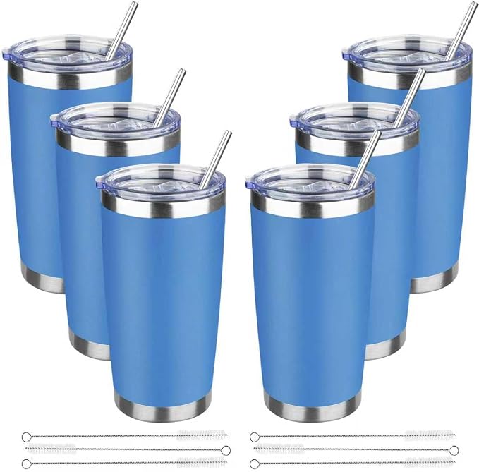 20 oz Tumbler with Lids and Straws, Stainless Steel Insulated Travel Coffee Mug, Double Wall Vacuum Insulated Tumblers, Powder Coated Coffee Tumbler for Cold & Hot Drinks (Sea Blue, 6 Pack)