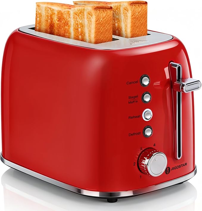Aigostar Toaster 2 Slice, Retro Extra-Wide Slot, Red | Best Rated Prime, For Toasting Bagels, Breads, Waffles & More, Cancel, Defrost & 6 Browning, Removable Crumb Tray