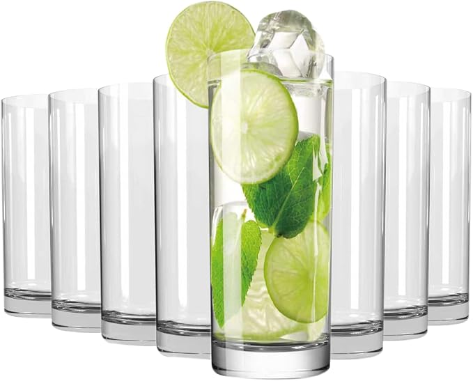 Wlasss Drinking Glasses Set of 8, 16oz Glass Cups, Kitchen Highball Glasses for Beer, Juice and Cocktail, Collins Water Glasses for Bar Glassware, Unique Gifts for Christmas
