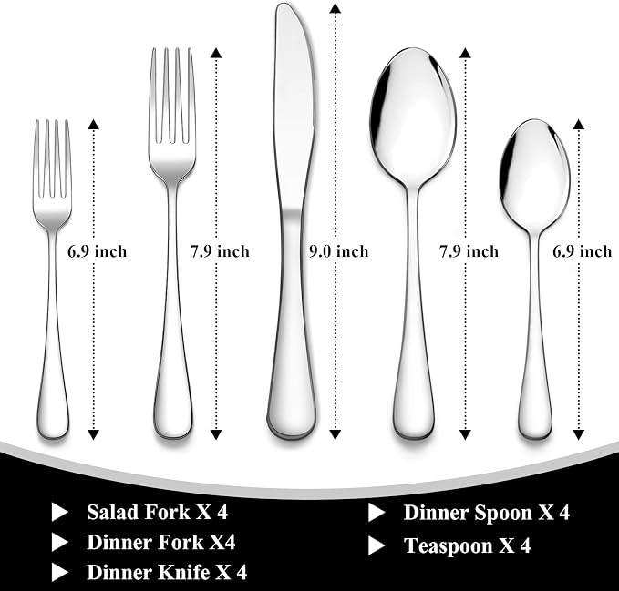 Wildone 20-Piece Silverware Set, Stainless Steel Flatware Cutlery Set Service for 4, Tableware Eating Utensils Include Knife/Fork/Spoon, Mirror Polished, Dishwasher Safe