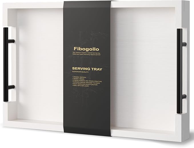 Fibogollo Bamboo Serving Trays with Metal Handles,Medium(White) | 15 x 10 Inch Ottoman Decorative Trays Platter for Coffee Table,Living Room,Bar,Party,Holiday Hosting and Outdoor Entertaining