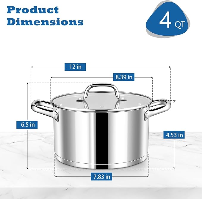 P&P CHEF 4 Quarts Stock Pot with Lid, Stainless Steel Stockpot for Cooking | Cooking Pot for Soup, Pasta, Tri-Ply Bottom for Induction, Gas, Ceramic, Glass Lid & Double Handle, Dishwasher Safe